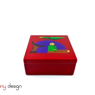 Square red box with hand painted buffalo 15 cm